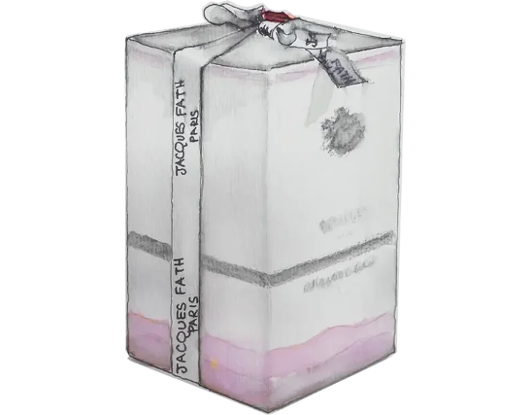 Jacques Fath gift box wrapped in ribbon, illustration